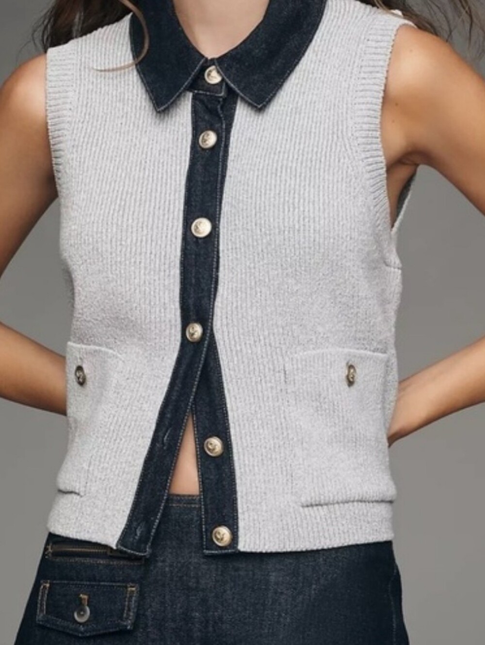 Maeve Sleeveless Denim Mixed-Media Sweater Vest XS
